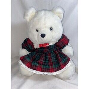 Vintage Jingle Bear Girl Christmas Plush Stuffed White Teddy Bear Holiday Plaid